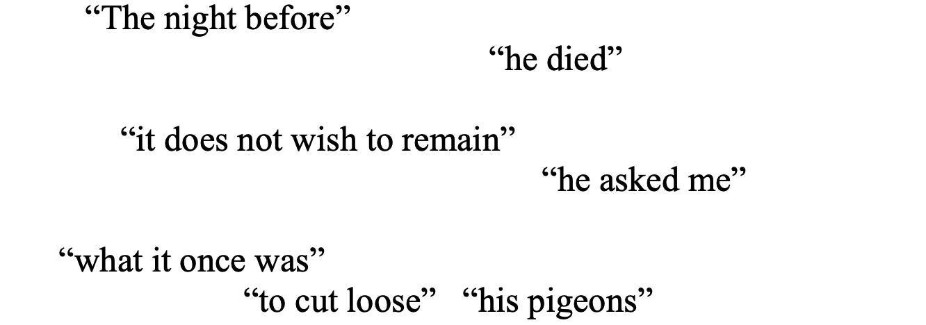 “The night before” 
		   		       “he died” 

             “it does not wish to remain”		
             “he asked me” 

      “what it once was”
   “to cut loose”   “his pigeons”
